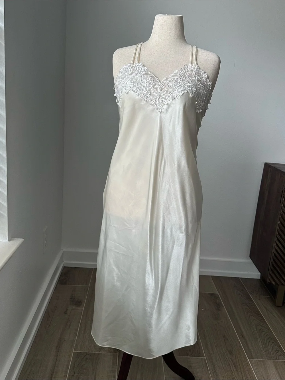 Lord & Taylor Ivory Lace-Trim Satin Slip Dress